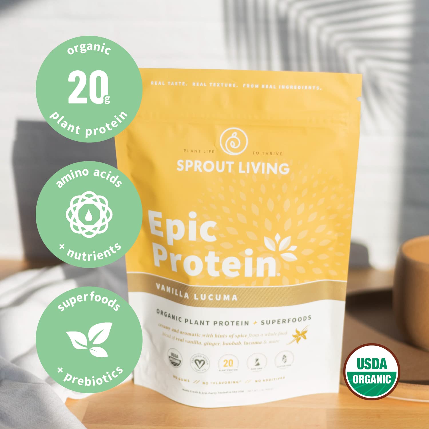 Sprout Living Epic Protein ingredients map highlights five plant protein sources.