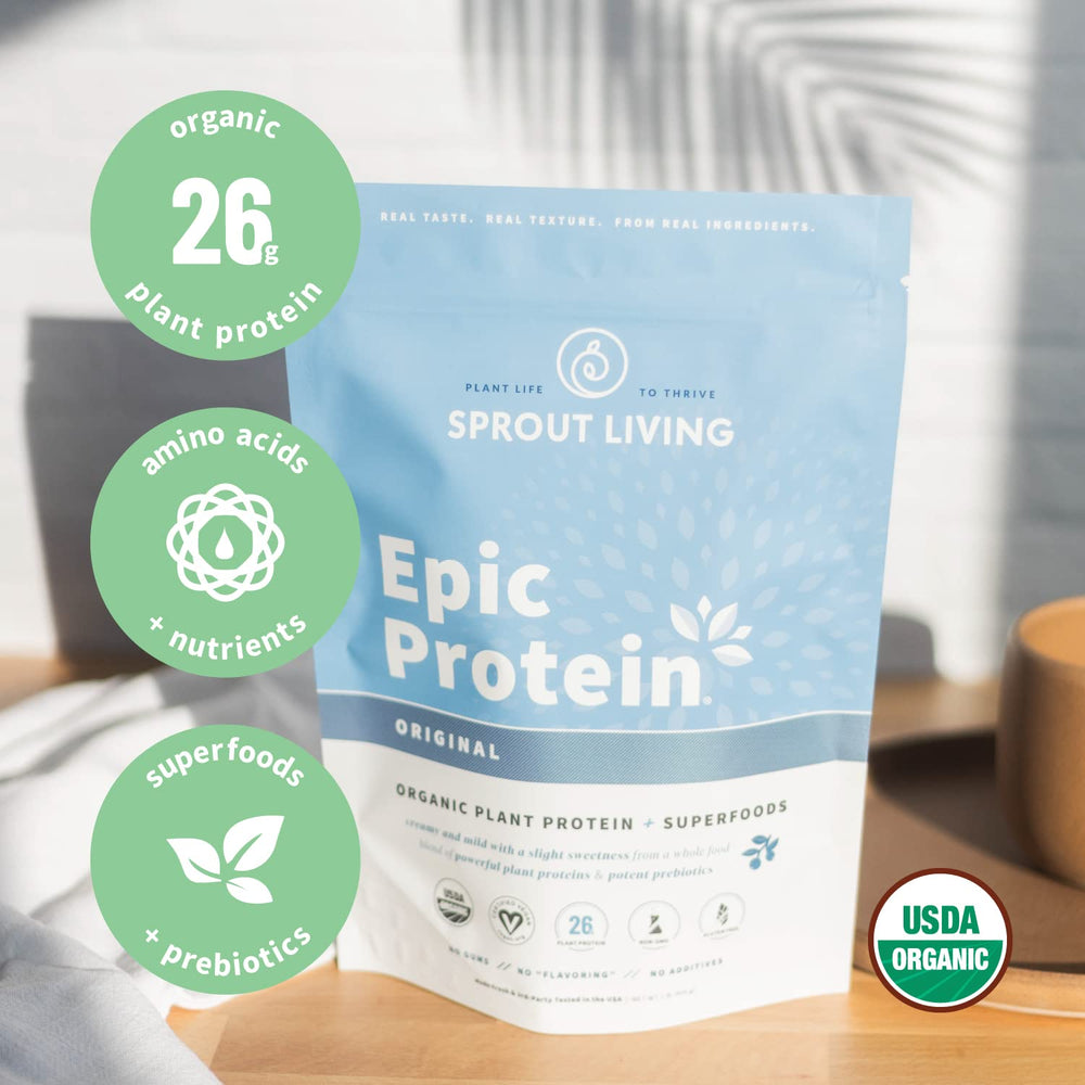 Sprout Living multi-source protein close-up features gut-friendly prebiotics for digestion.