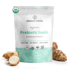 Sprout Living Organic Inulin jar front, natural prebiotic fiber supports digestive health.