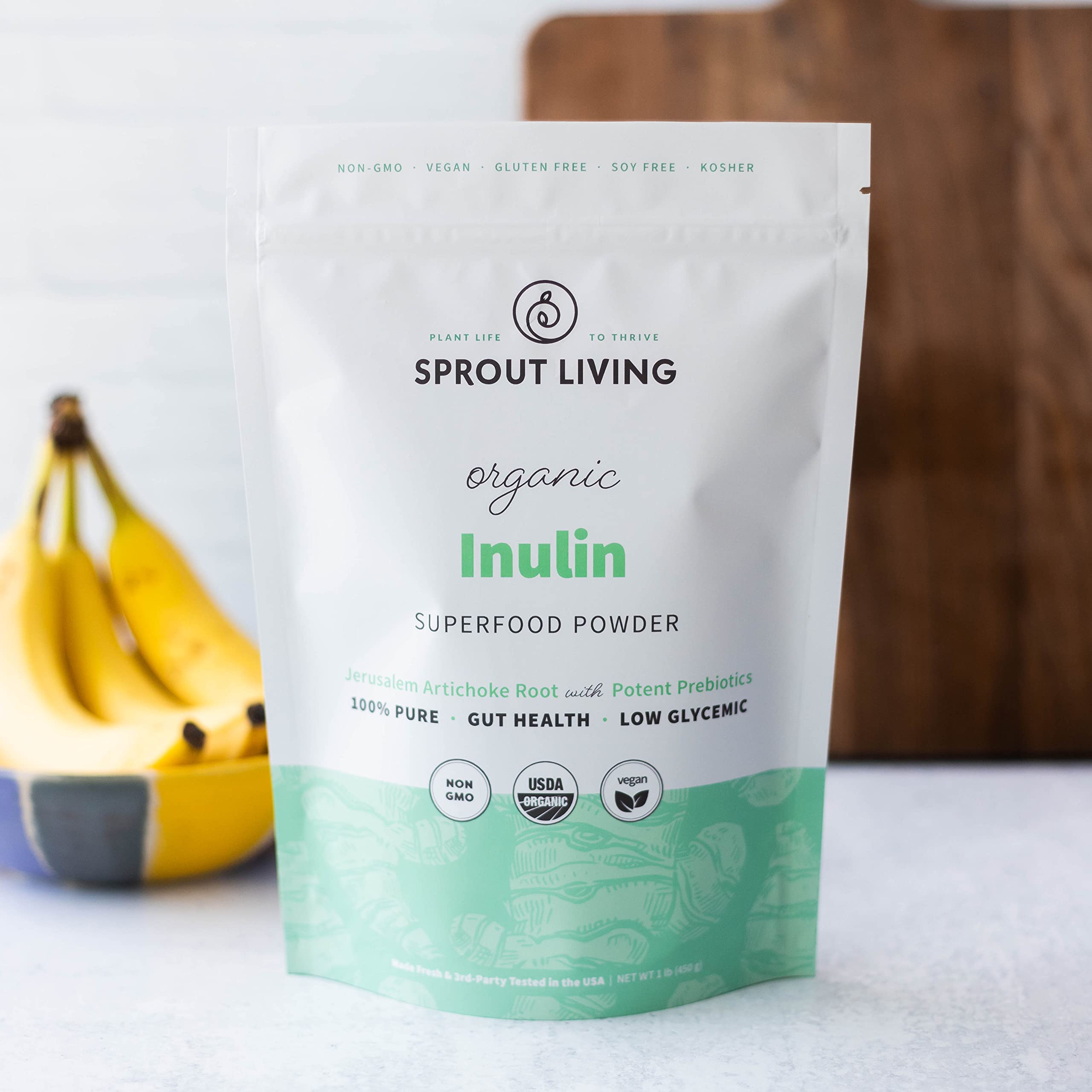 Sprout Living Organic Inulin scoop in jar, easy daily dose for gut-friendly fiber.