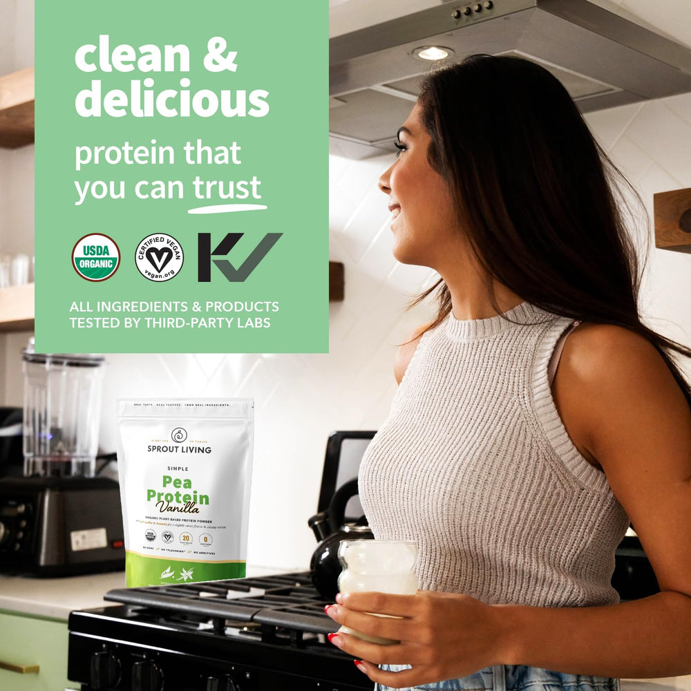 Sprout Living organic vanilla protein ingredients panel shows clean label