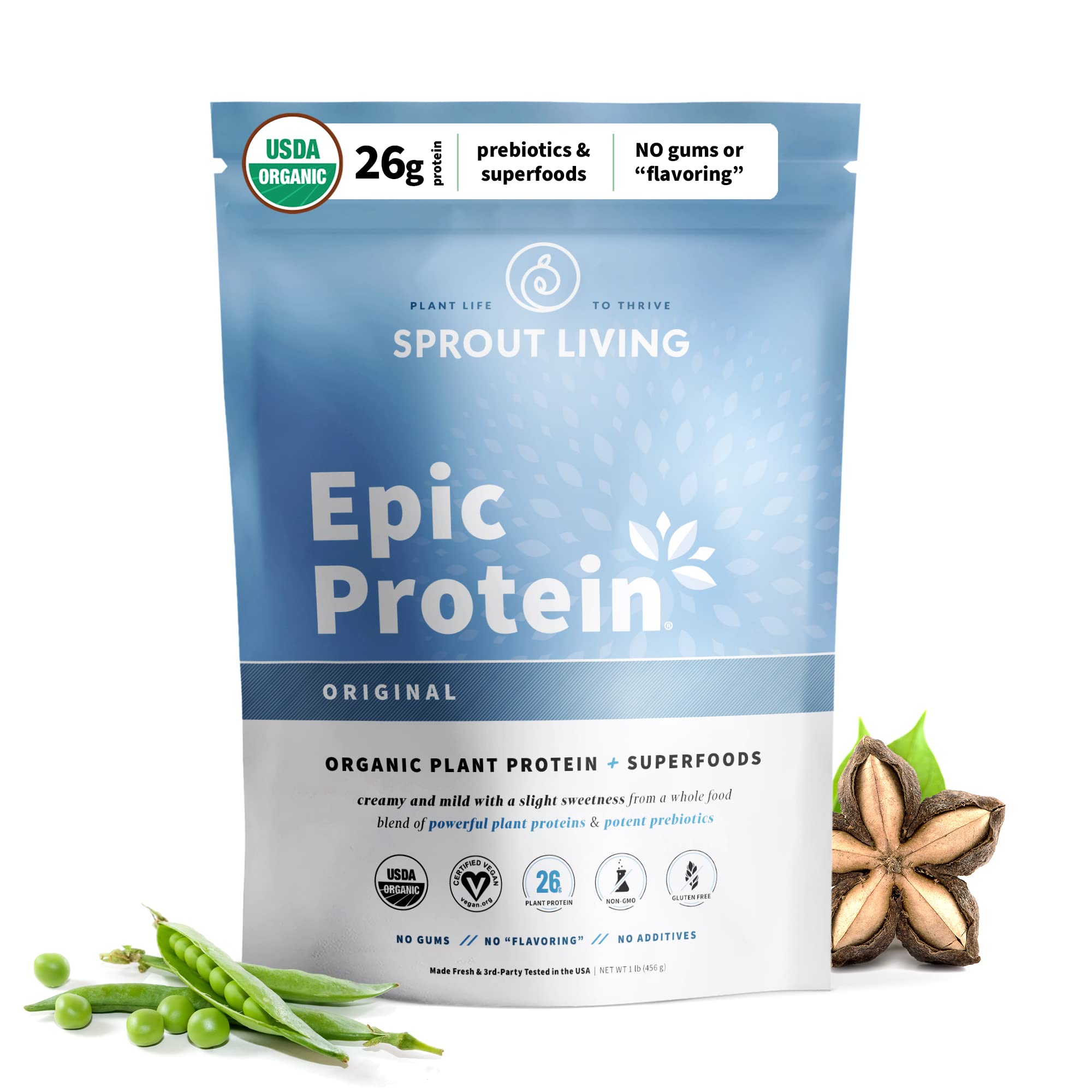Sprout Living original unflavored bag shows clean plant-based protein for versatile shakes.