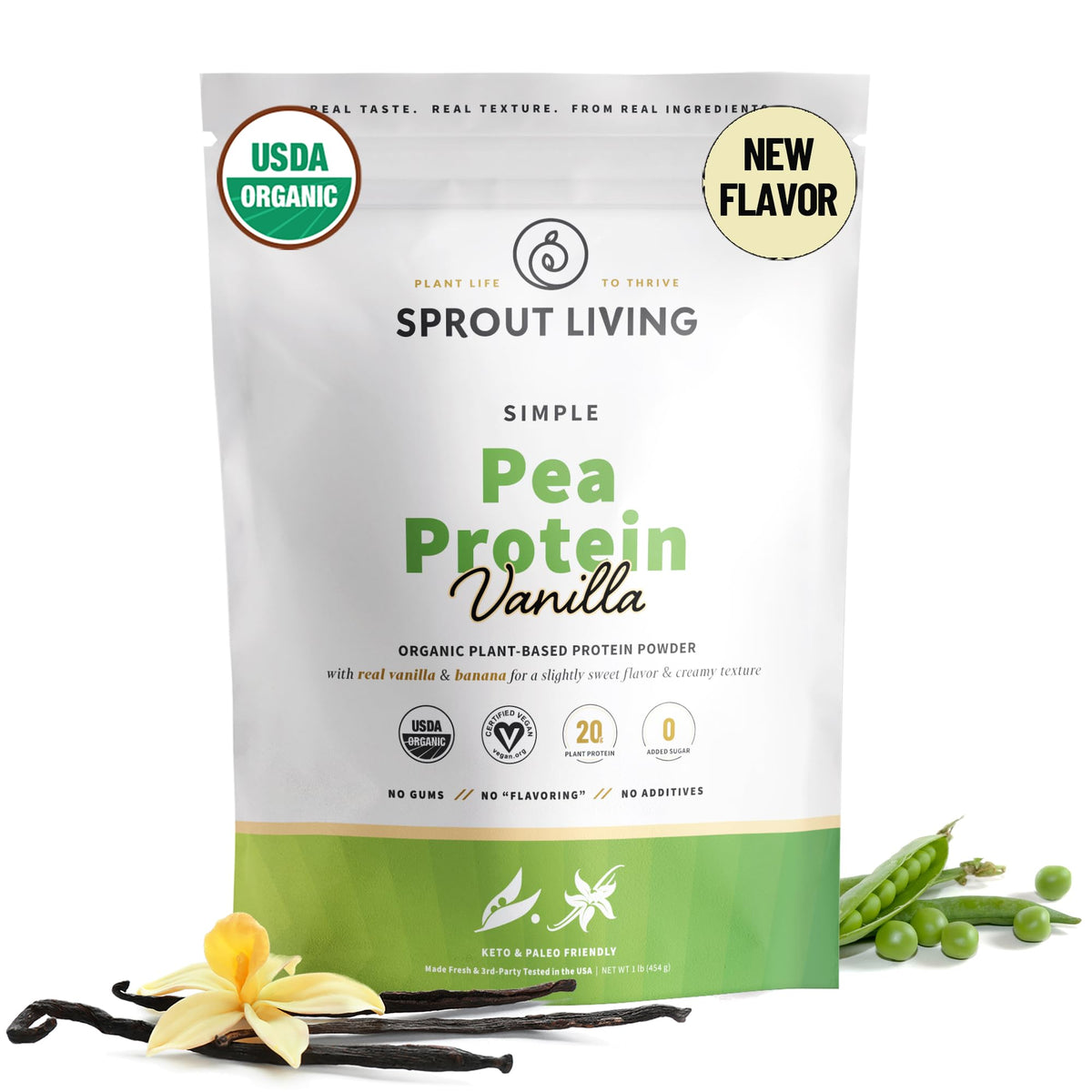 Sprout Living pea protein vanilla canister for convenient vegan protein