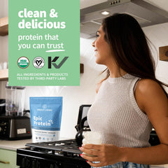 Sprout Living protein scoop highlights 26g serving for complete vegan protein.