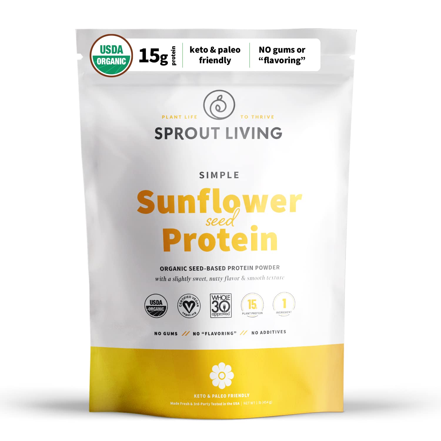 Sprout Living Simple Sunflower Seed Protein Powder tub front showing pure organic protein