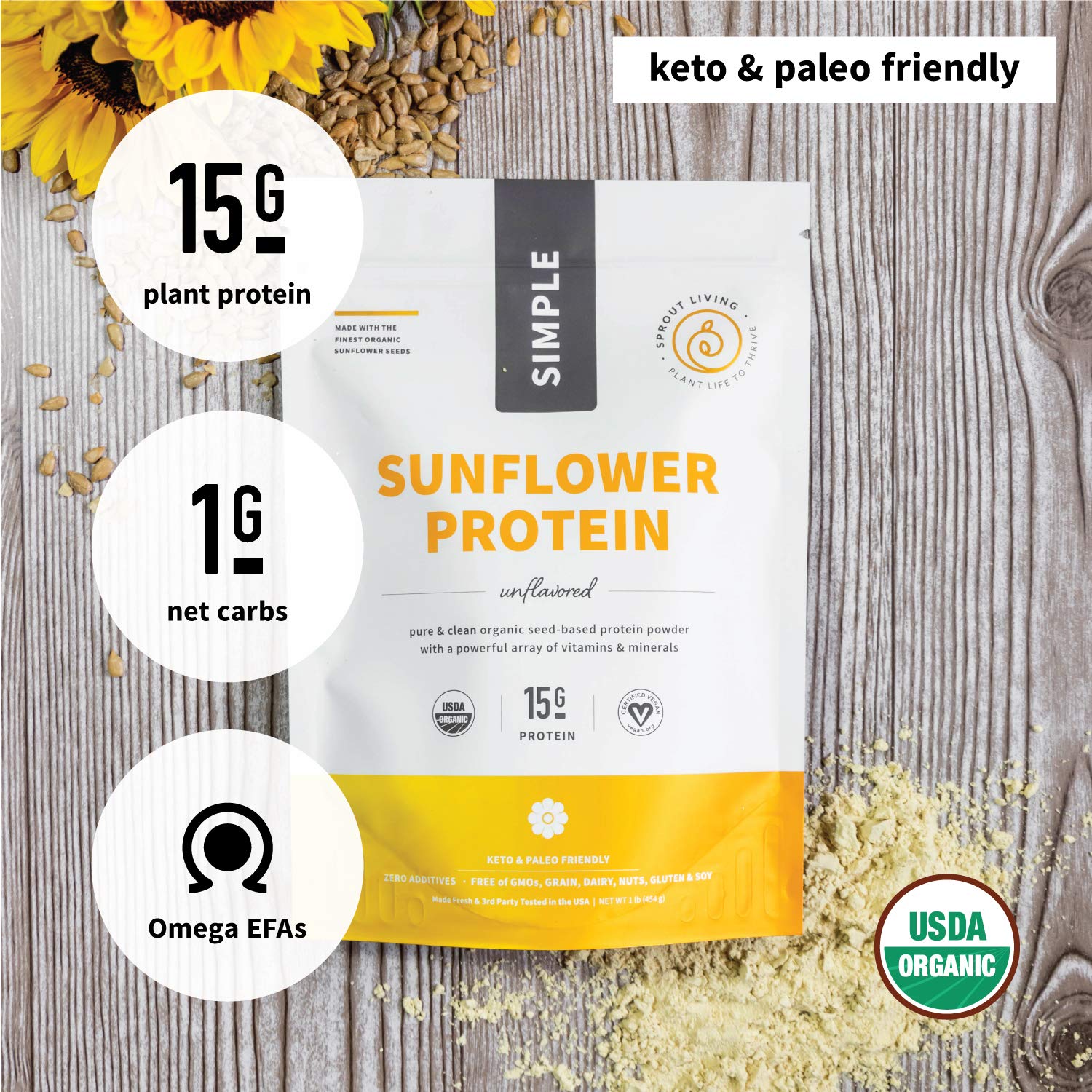 Sprout Living Sunflower Seed Protein Powder ingredient label emphasizing organic seeds