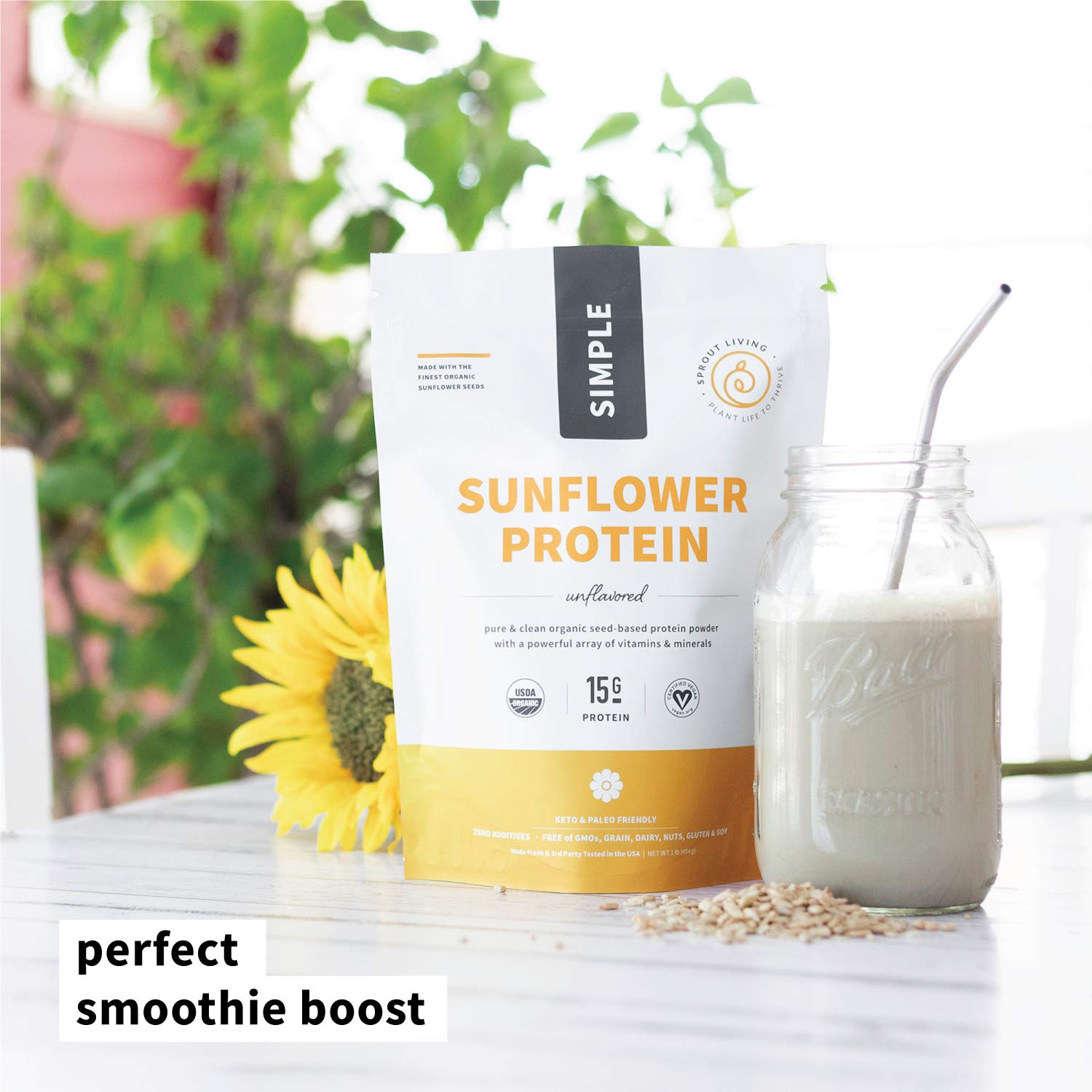 Sprout Living Sunflower Seed Protein Powder being poured into a smoothie