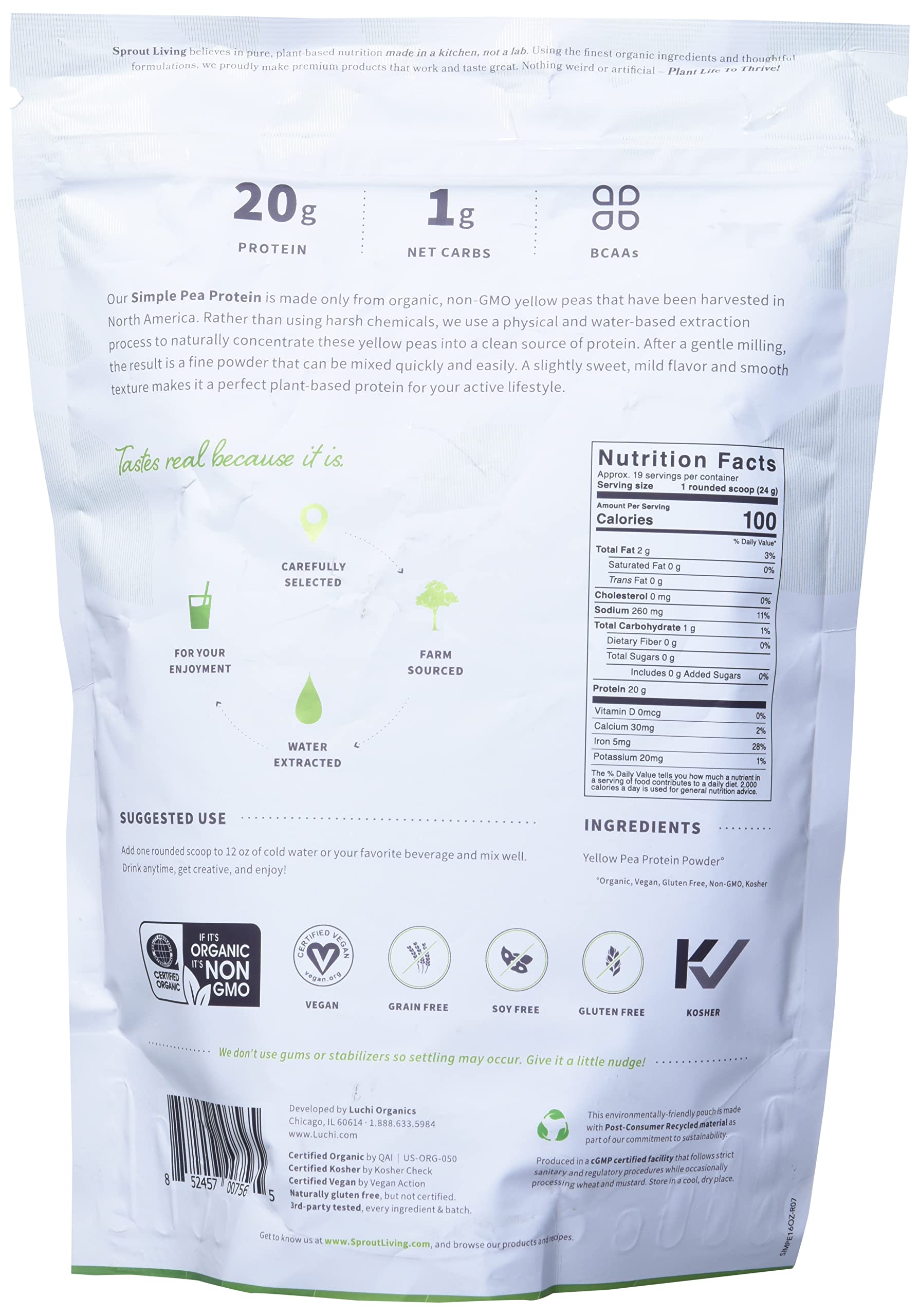 Sprout Living vegan non-dairy protein powder jar on kitchen counter