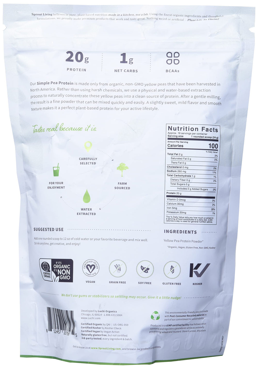 Sprout Living vegan non-dairy protein powder jar on kitchen counter