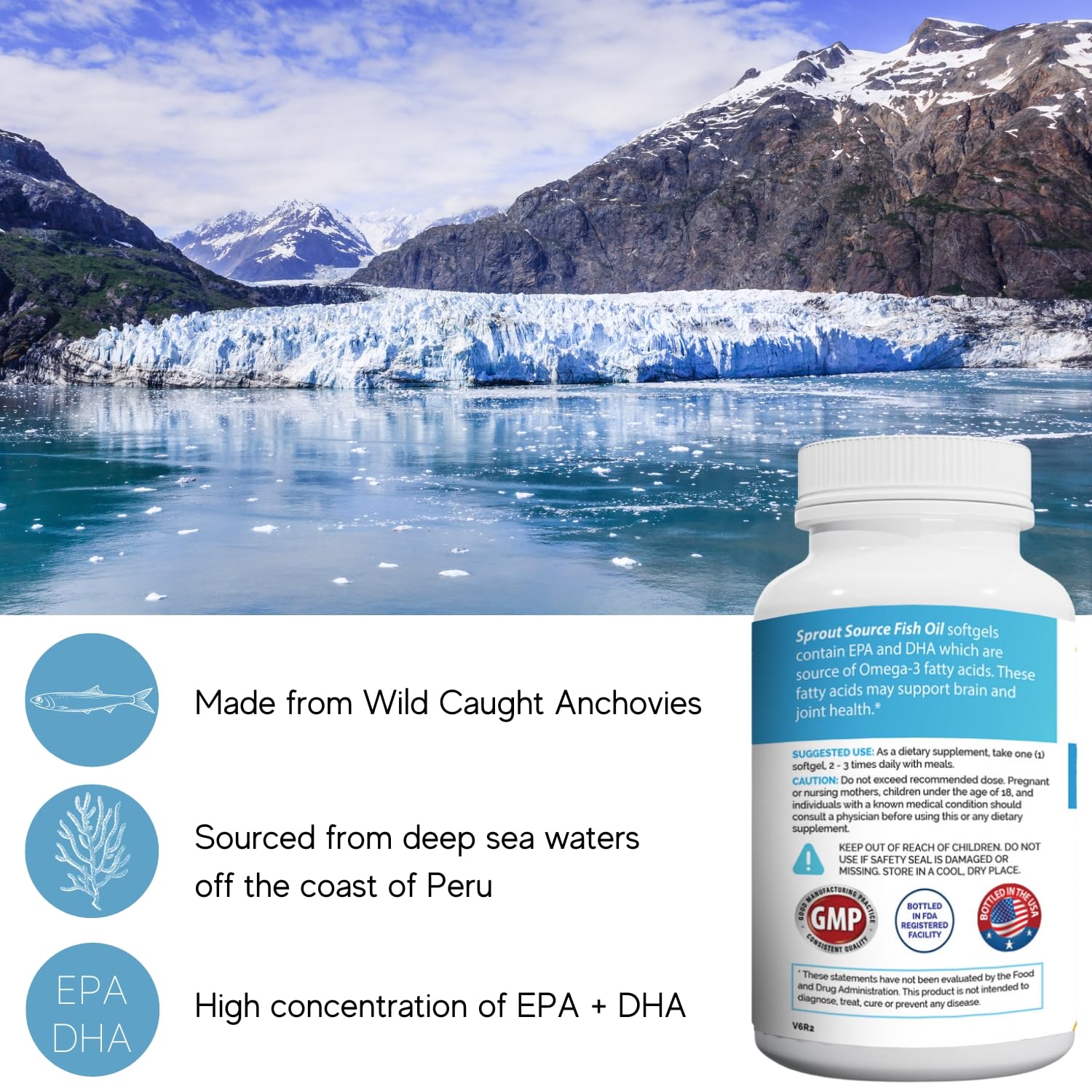 Sprout Source wild anchovy softgel bottle emphasizes sustainable sourcing