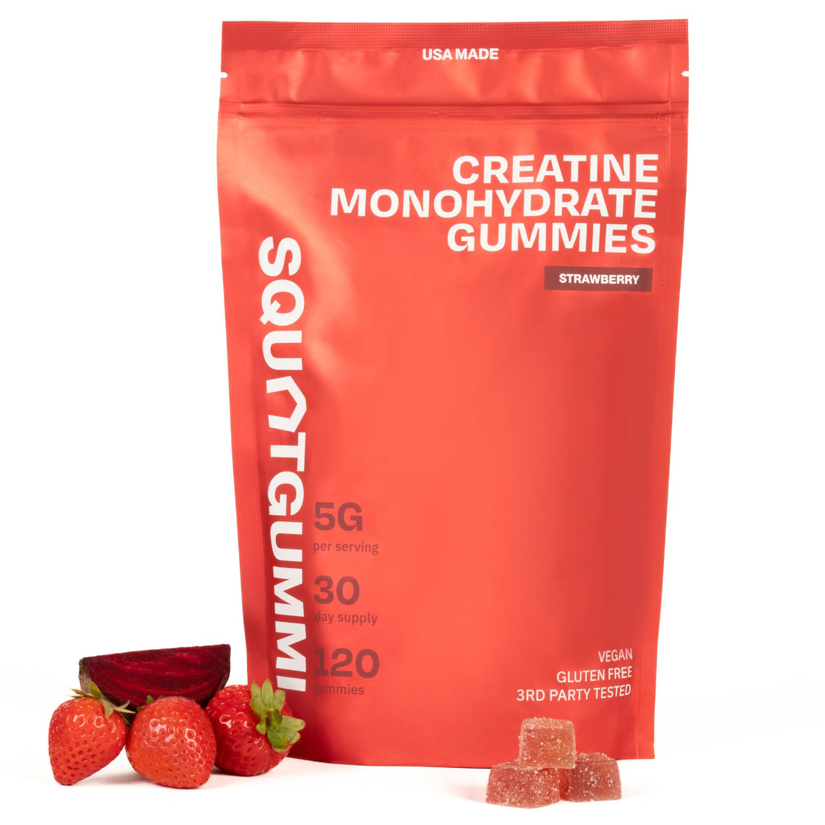 SquatGummi Creatine Gummies bottle front with 120 gummies for daily workouts.