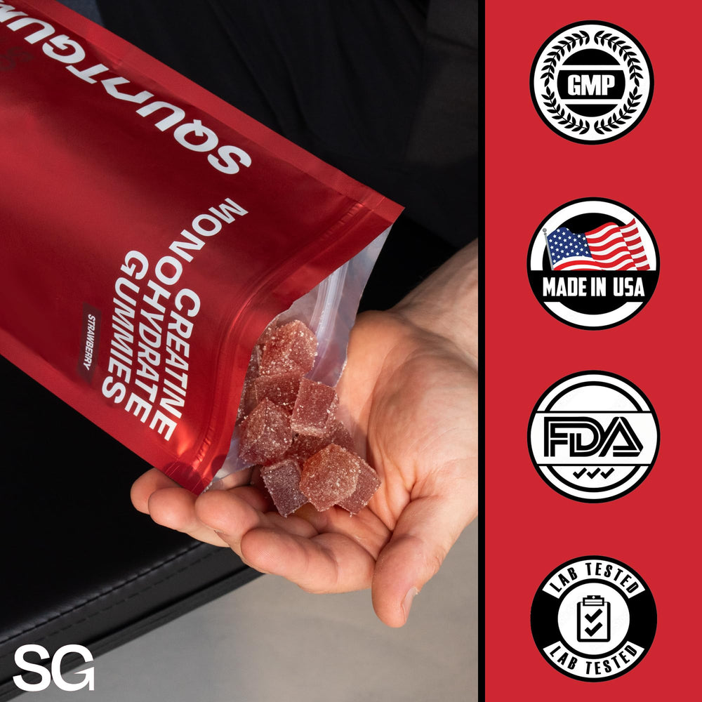 Vegan and gluten-free icons on SquatGummi packaging.