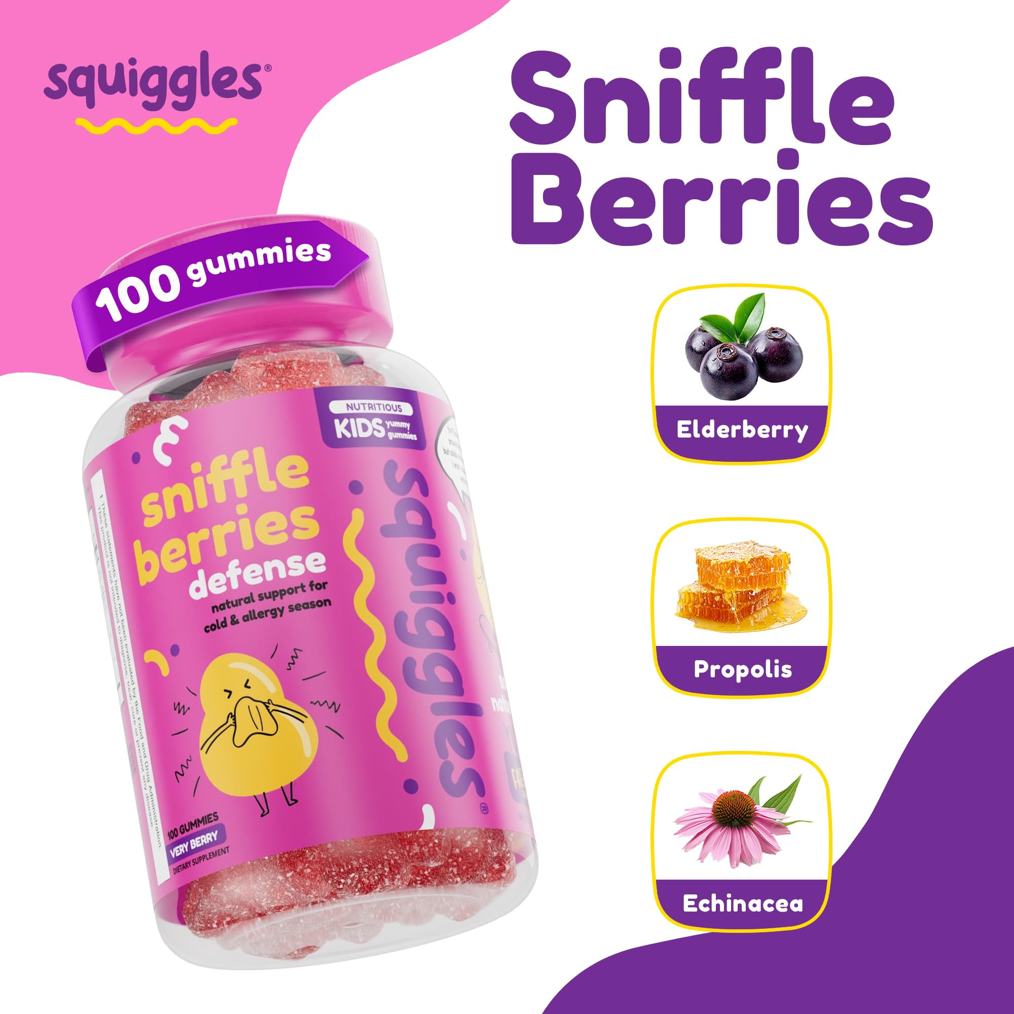 Close-up of Squiggles bee propolis gummies for everyday defense.