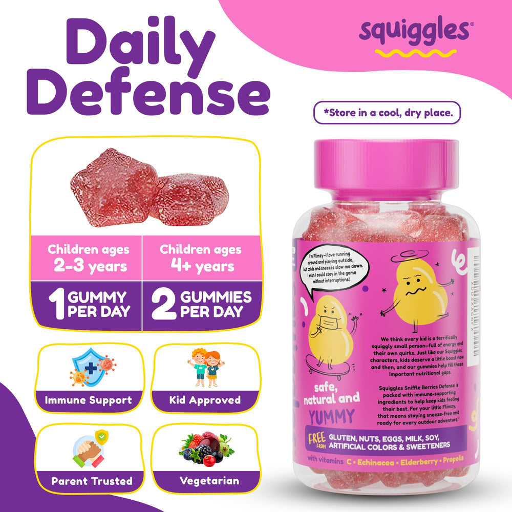 Squiggles echinacea gummies with vibrant berry color for immune support.
