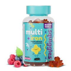 Squiggles Kids Multivitamin + Iron bottle supports daily energy and immune health.