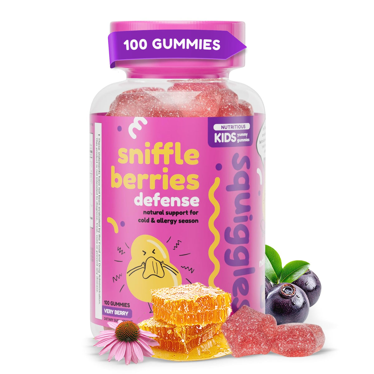 Squiggles Sniffle Berries elderberry gummies in a kid-friendly bottle.