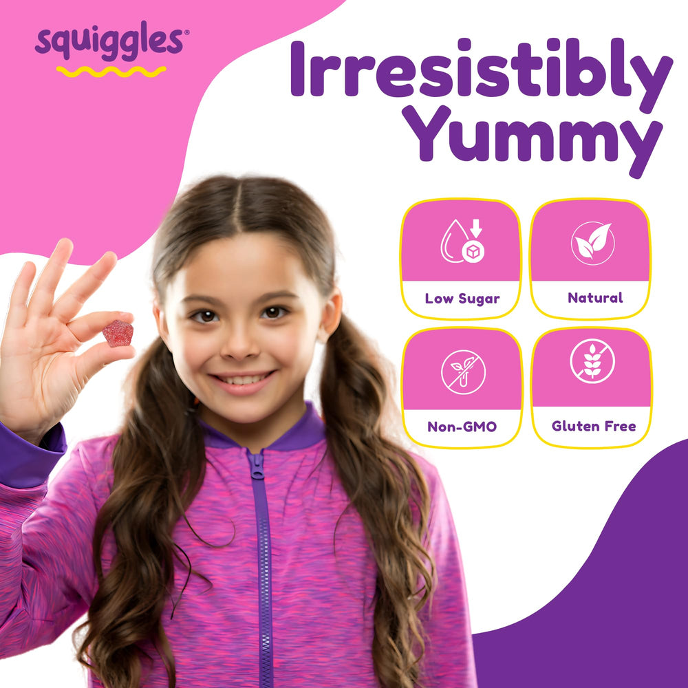 Toddler-friendly Squiggles immune-support gummies on a colorful tray.