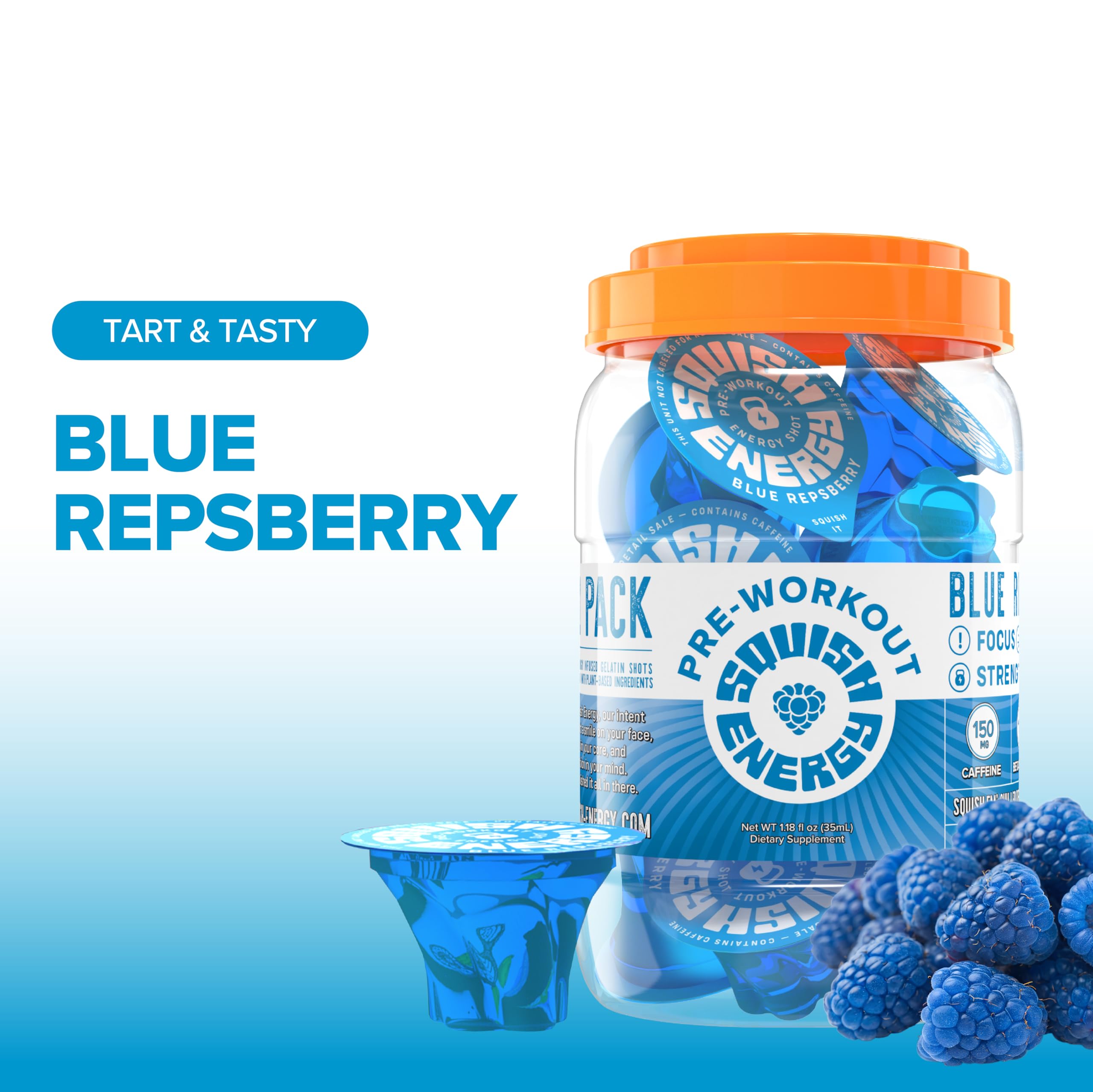 Squish blue raspberry energy shot back panel highlights caffeine and amino blends for focused workouts.