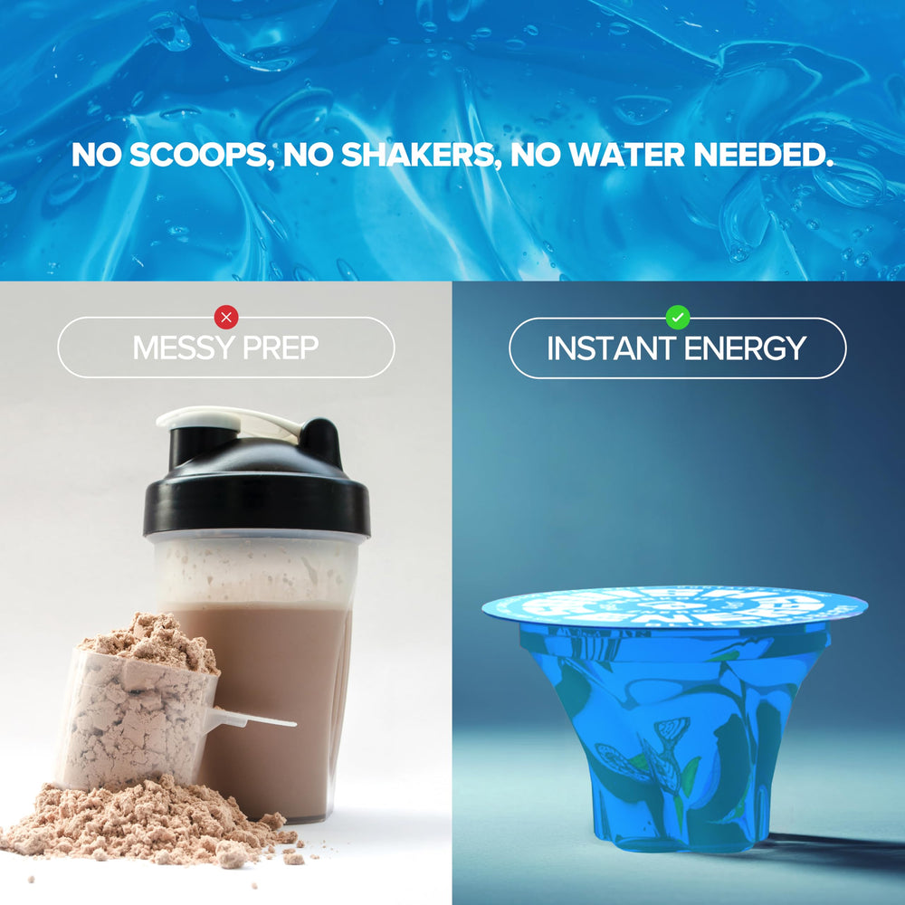 Squish blue raspberry energy shot image emphasizes fast-acting caffeine boost.