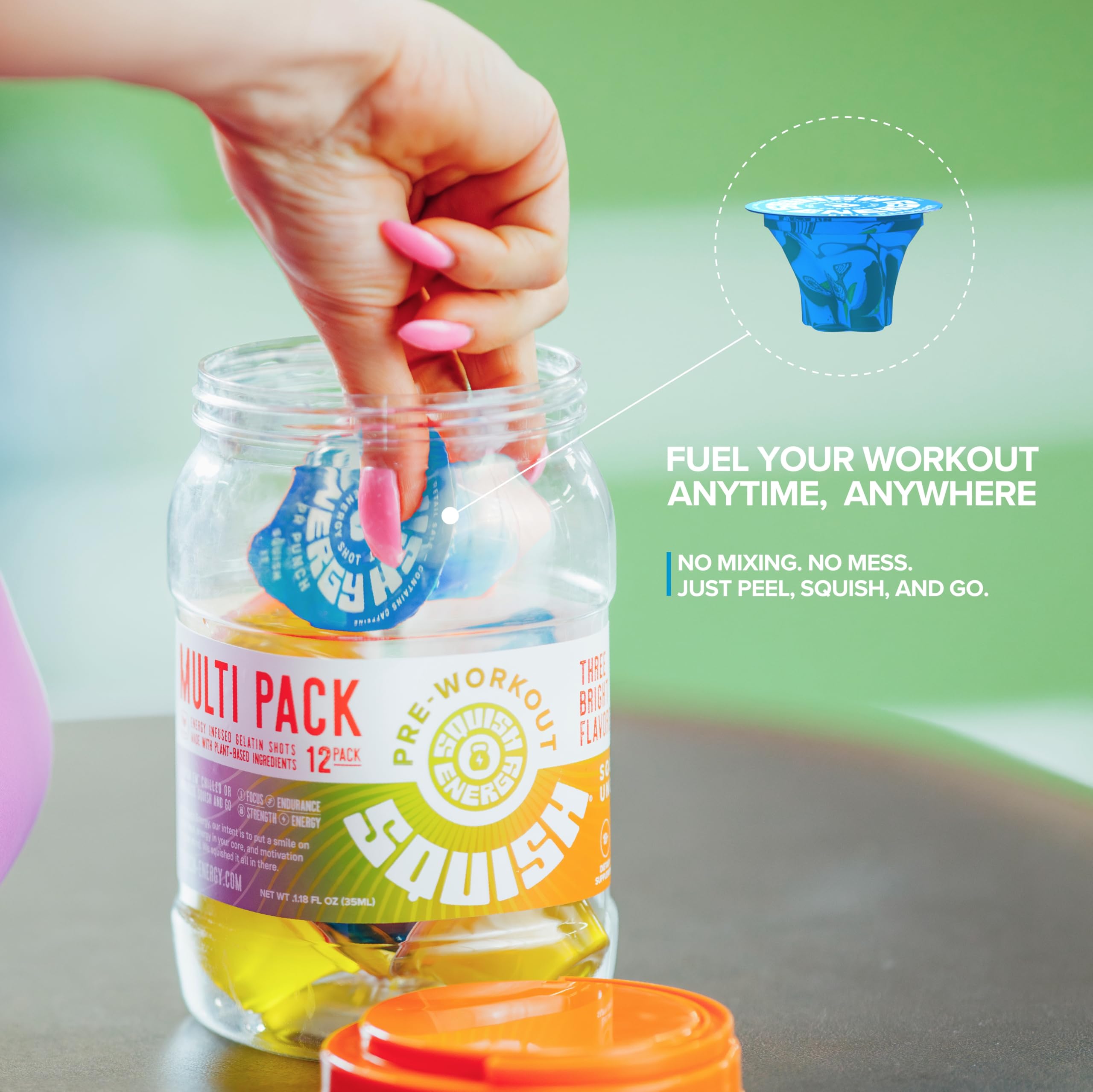 Squish blue raspberry energy shot compact portability fits gym bag and busy days.