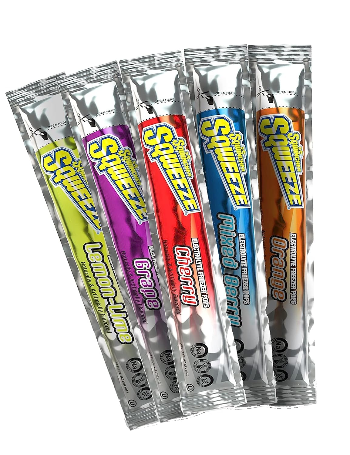 Sqwincher Sqweeze freezer pop front-pack showing assorted flavors for on-the-go hydration.