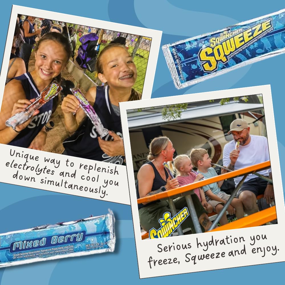 On-the-go packaging image for Sqwincher Sqweeze pops supports quick hydration.