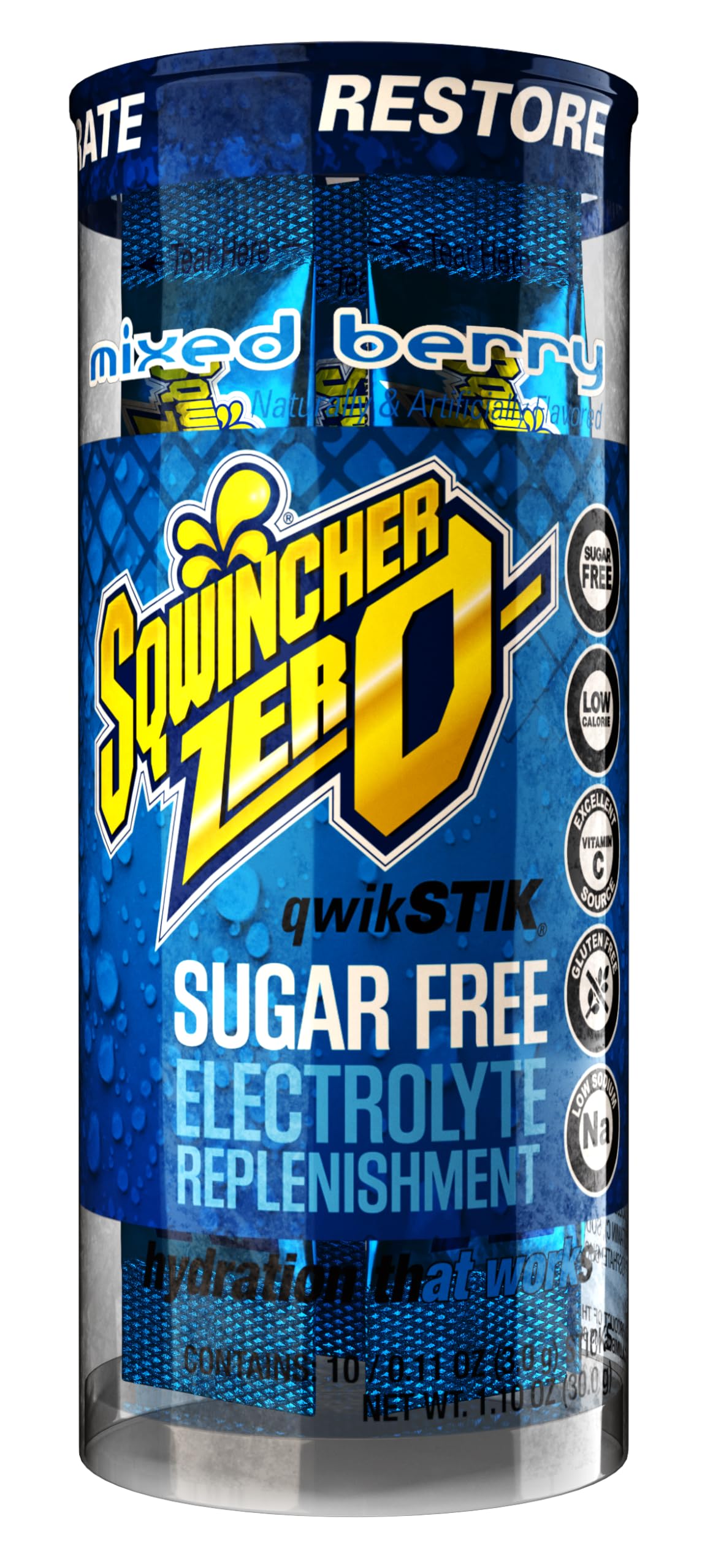 Sqwincher Zero Qwik Stik dissolving into water for quick hydration.