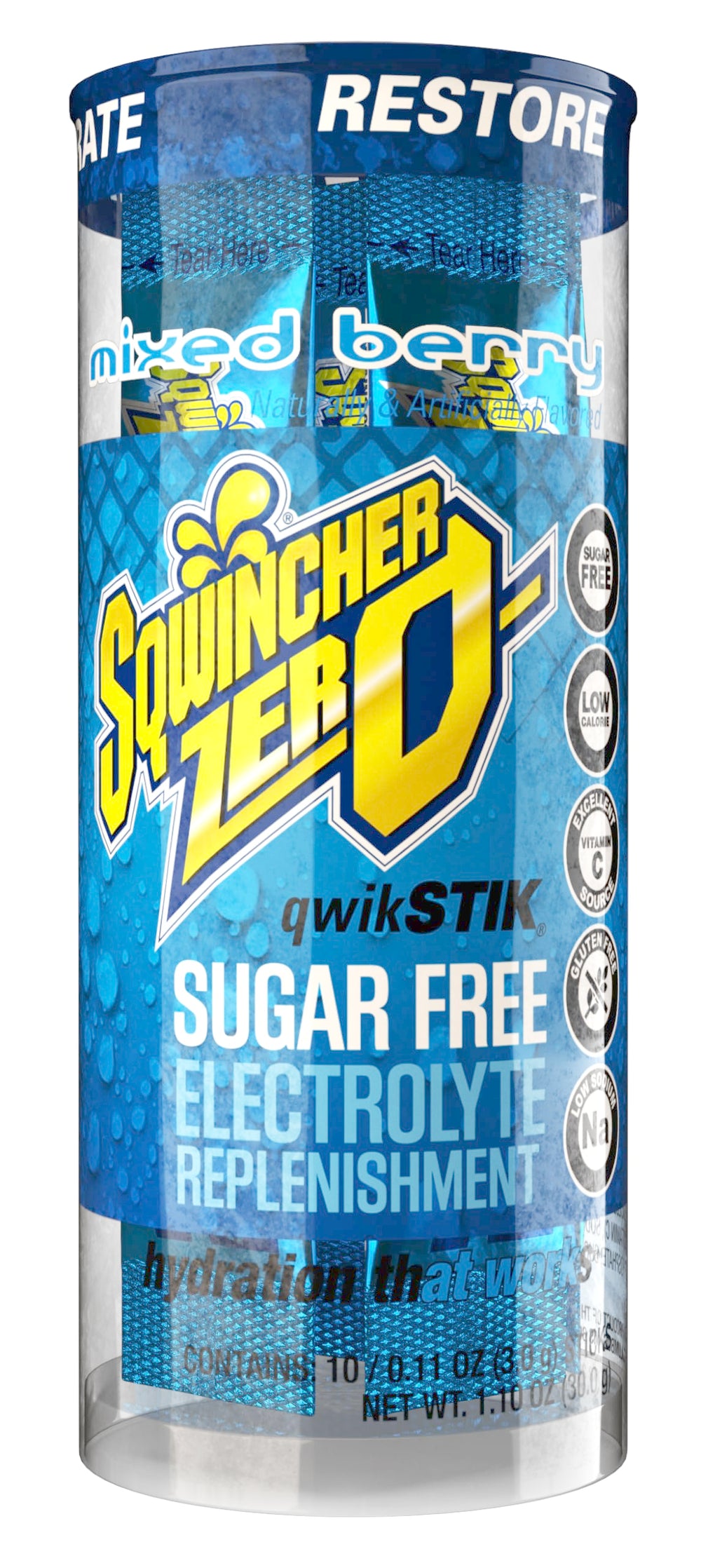 Sqwincher Zero Qwik Stik dissolving into water for quick hydration.