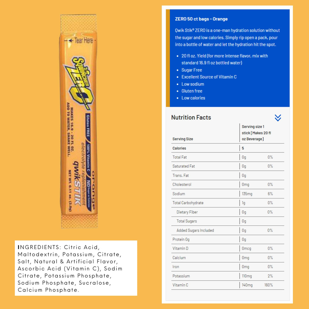 Sqwincher Zero Qwik Stik orange dissolving in water for fast hydration.