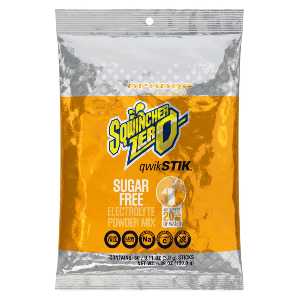 Sqwincher Zero Qwik Stik orange packaging for convenient on-the-go hydration.