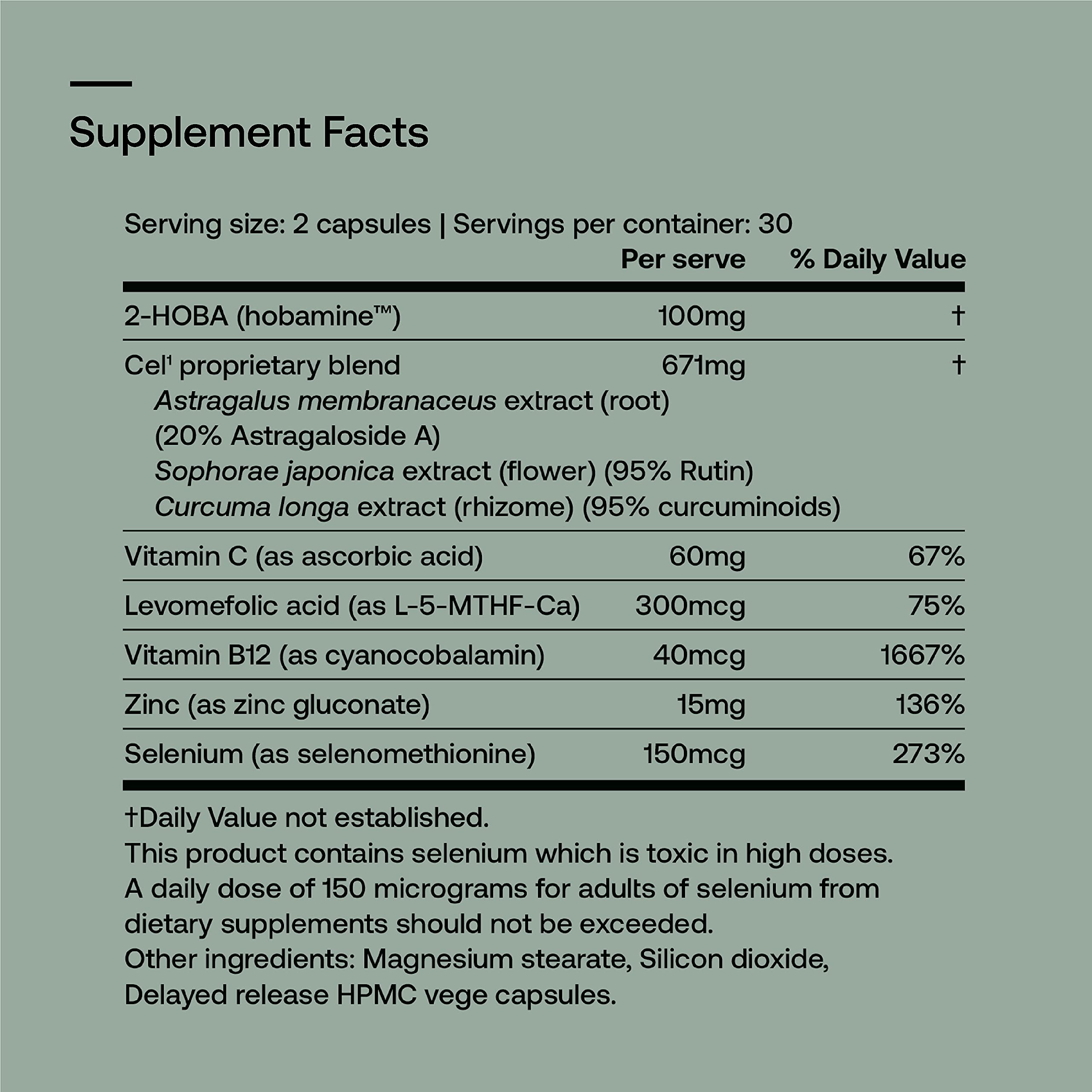 SRW Cel¹ Stability bottle label featuring 2-HOBA and telomere-supporting ingredients