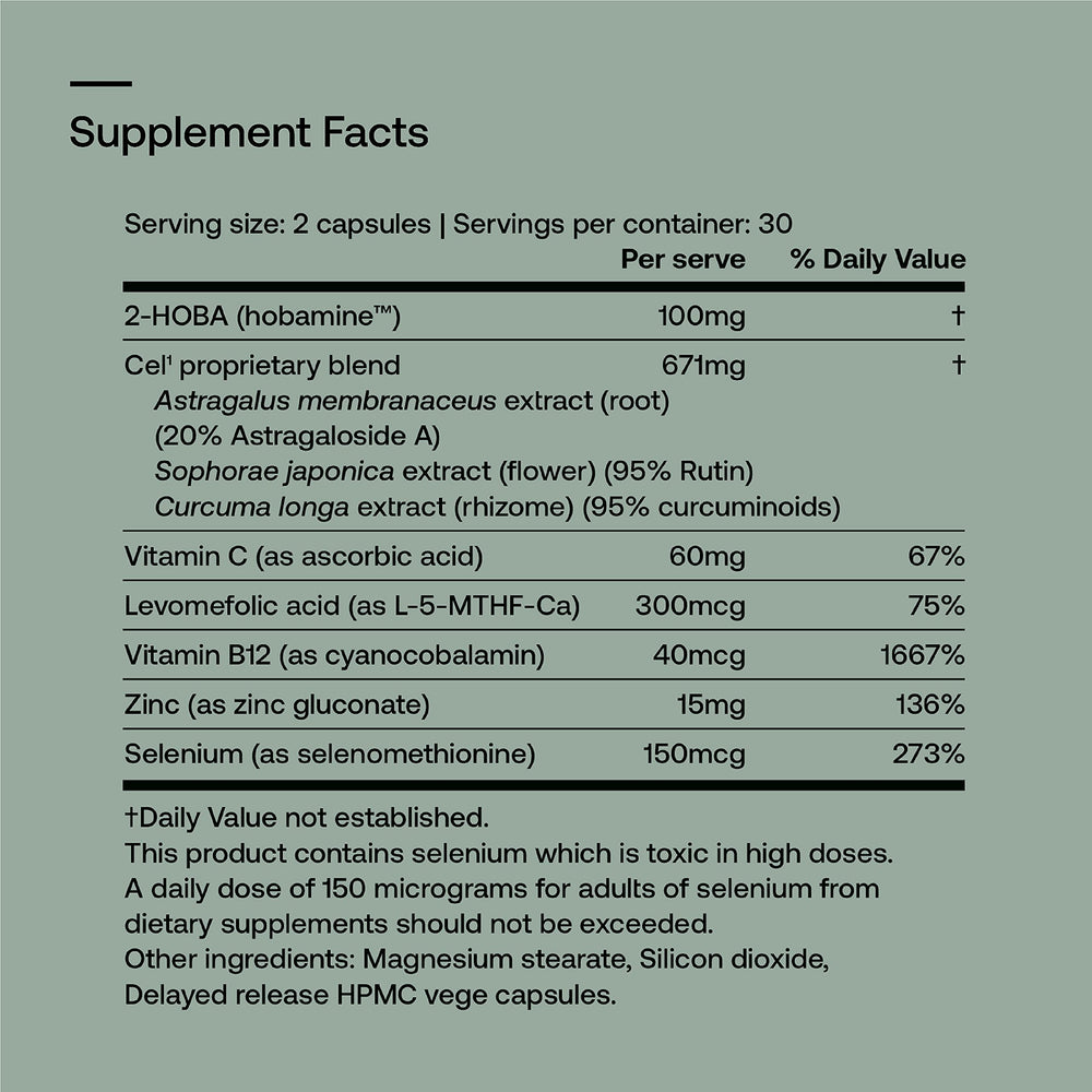 SRW Cel¹ Stability bottle label featuring 2-HOBA and telomere-supporting ingredients