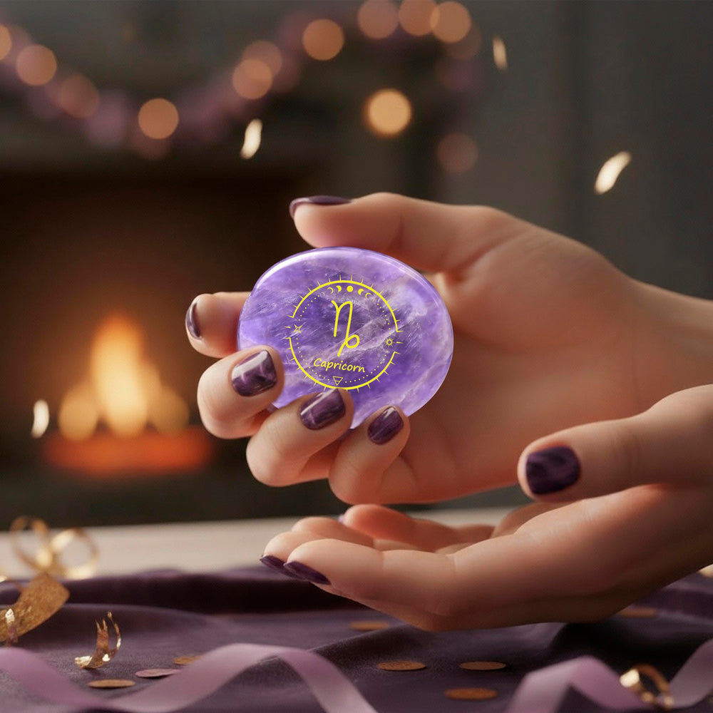 SSAKUGGI gift-ready amethyst zodiac stone with stand for gifting.