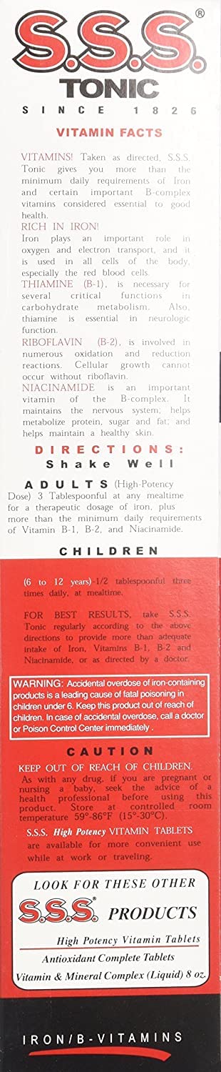 S.S.S. Tonic Liquid label closeup highlighting the vitamin blend
