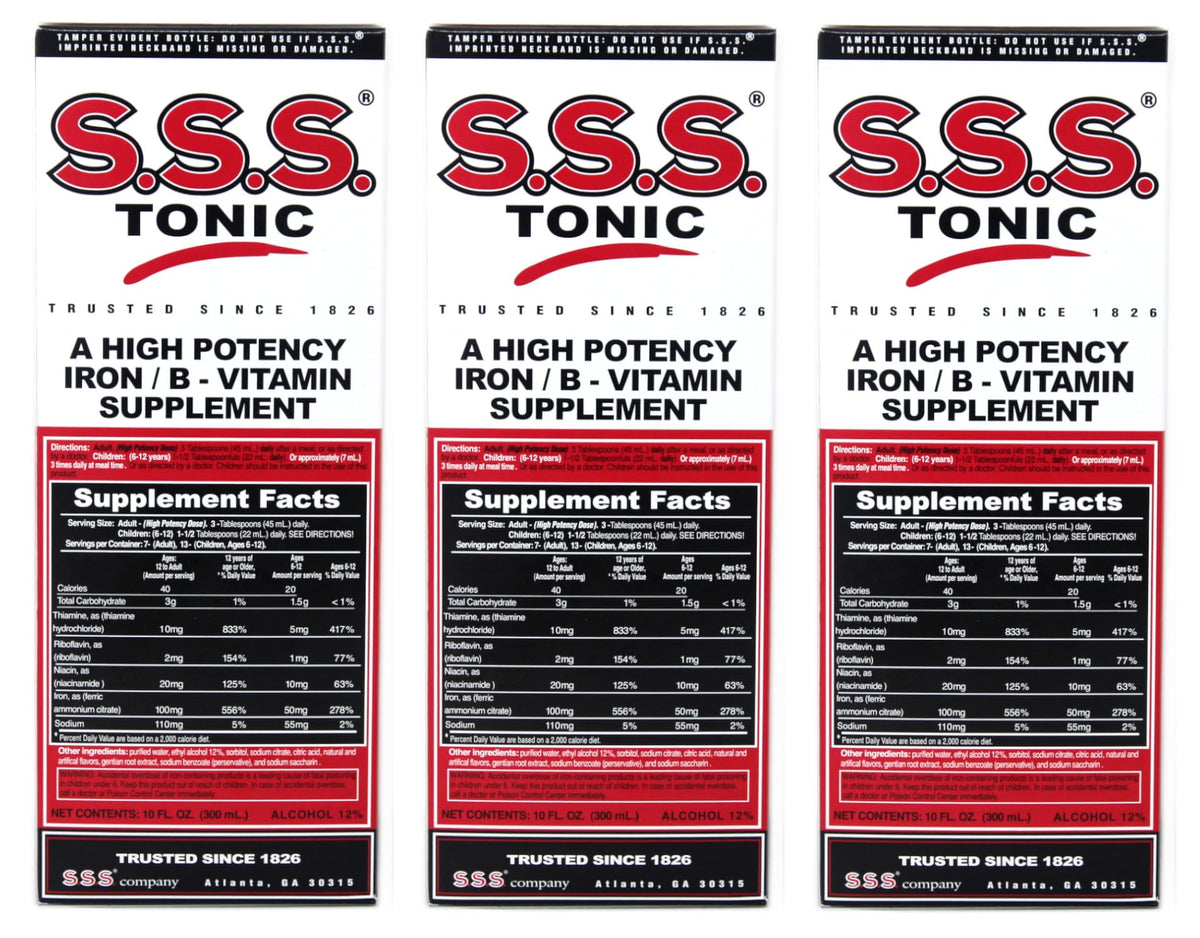 S.S.S. Tonic bottle front for daily energy support.