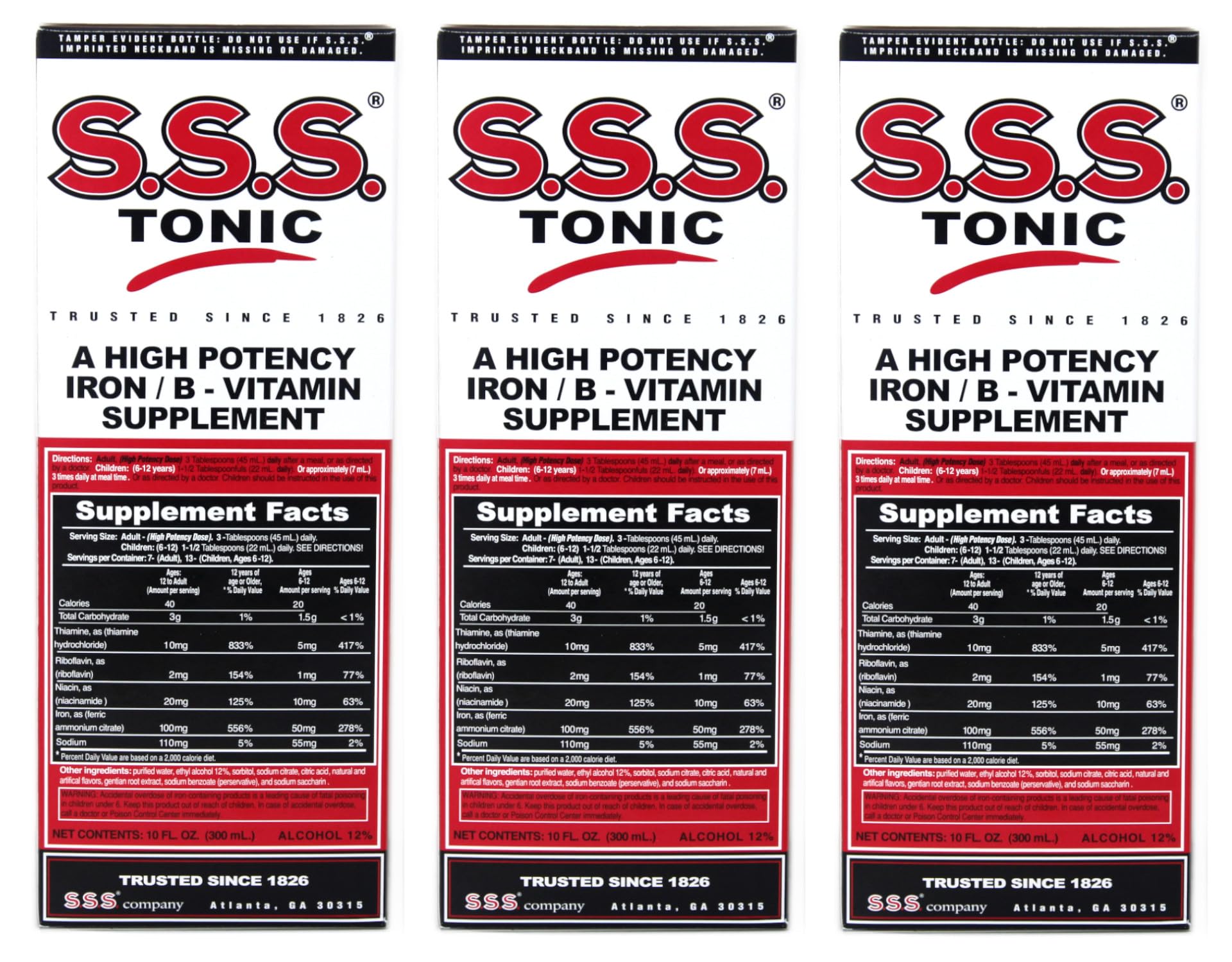 S.S.S. Tonic 3-pack box signals convenient three-bottle set.