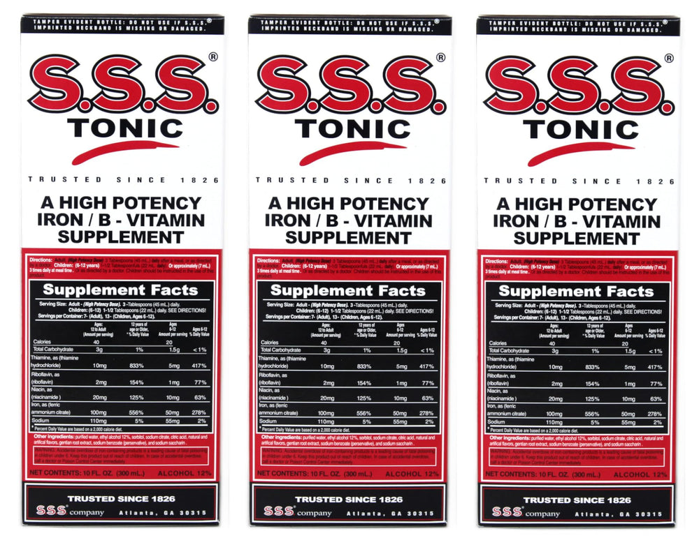 S.S.S. Tonic 3-pack box signals convenient three-bottle set.