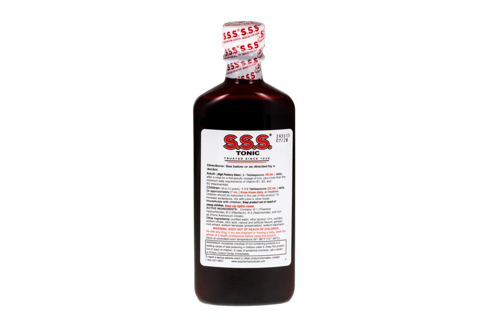 S.S.S. Tonic label emphasizes high-potency vitamins in a convenient liquid form.