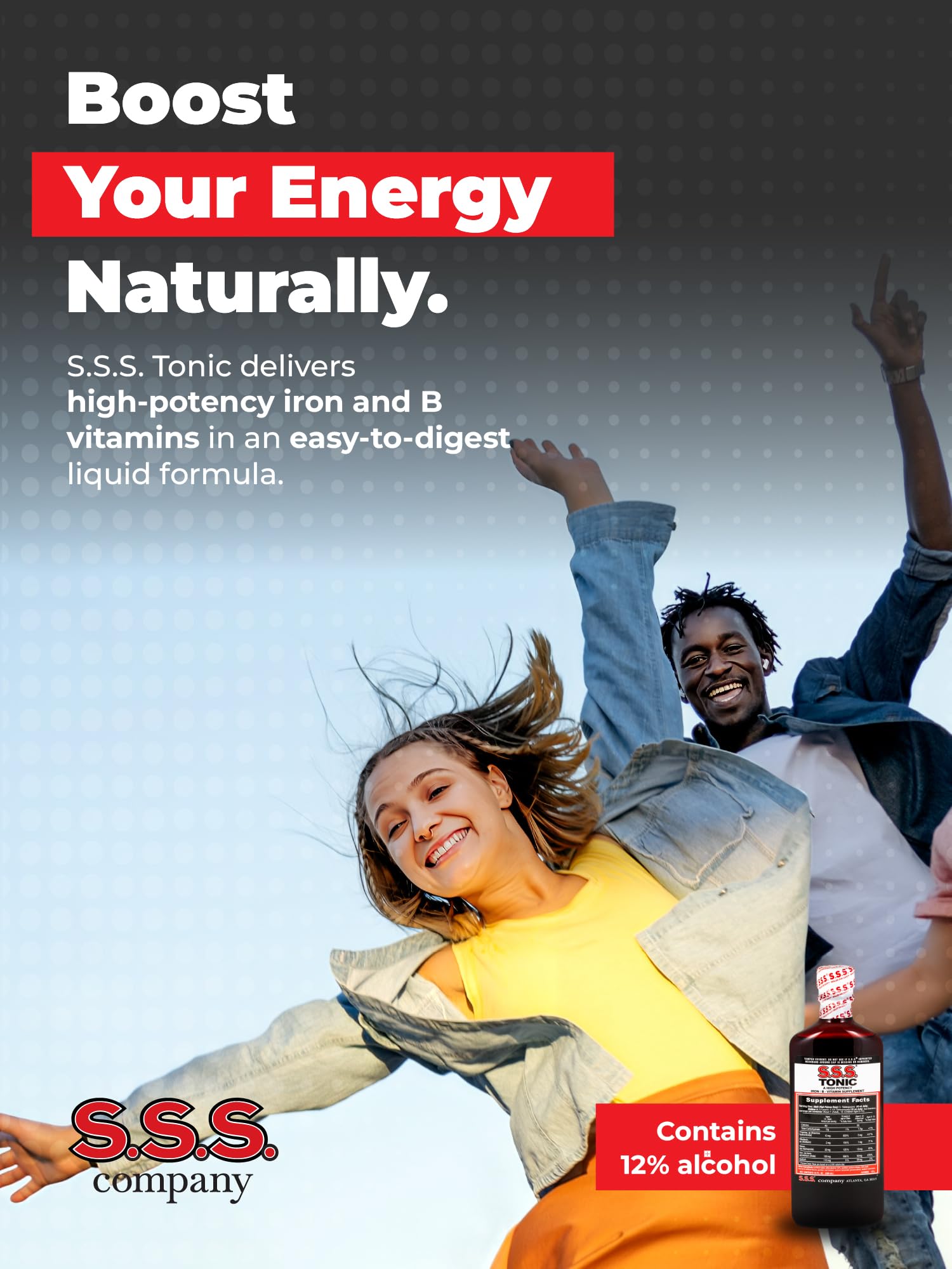 Ingredient highlights featuring iron and B vitamins on the bottle.