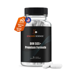 Stacked Science DIM SGS+ bottle shows plant-based hormone balance support for daily wellness.