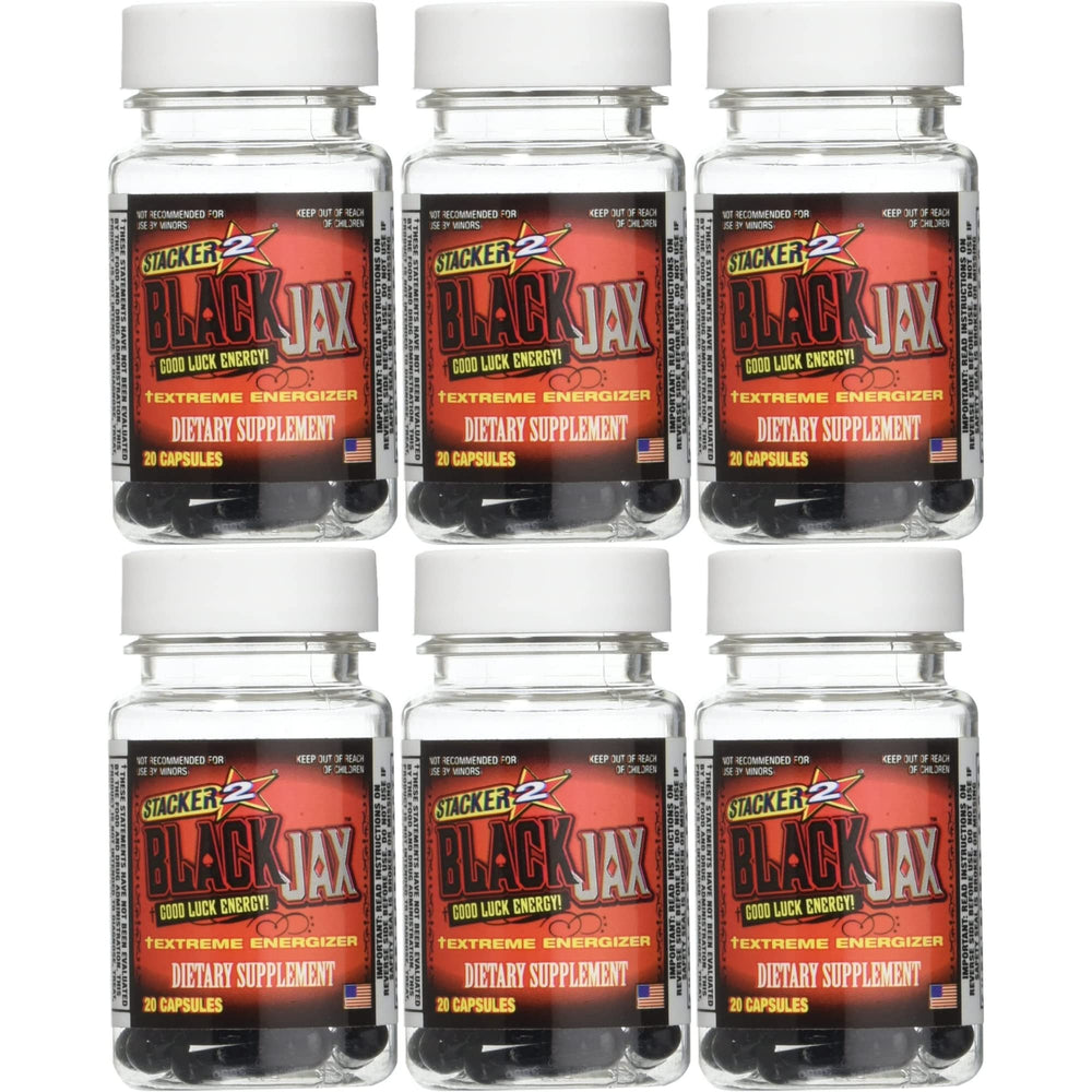 STACKER 2 Black Jax bottle front showing the energy-boosting capsules for daily use.