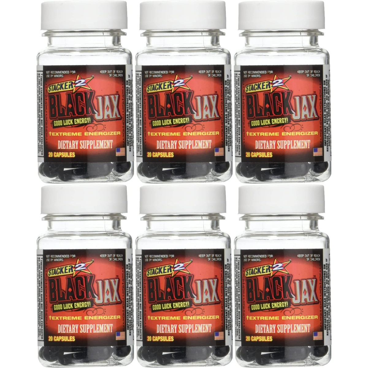 STACKER 2 Black Jax bottle front showing the energy-boosting capsules for daily use.