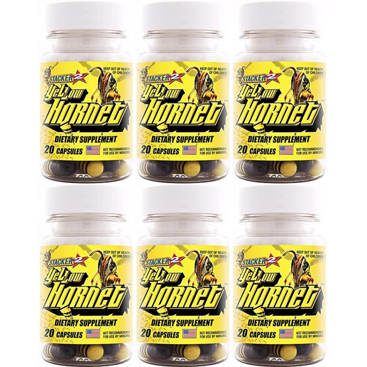 STACKER 2 Yellow Hornet bottle with capsules for daytime energy support.
