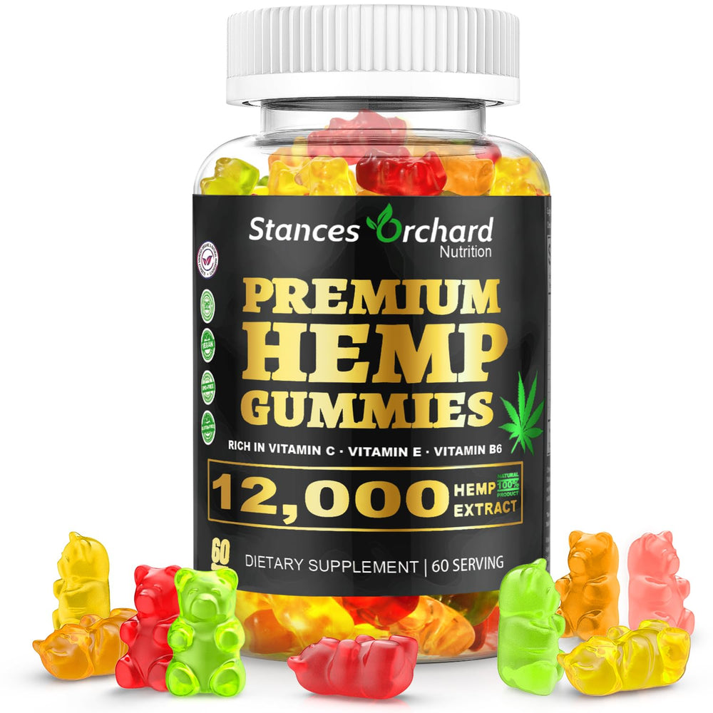 Stances Orchard hemp gummies bottle illustrates a high-potency daily relaxation routine.