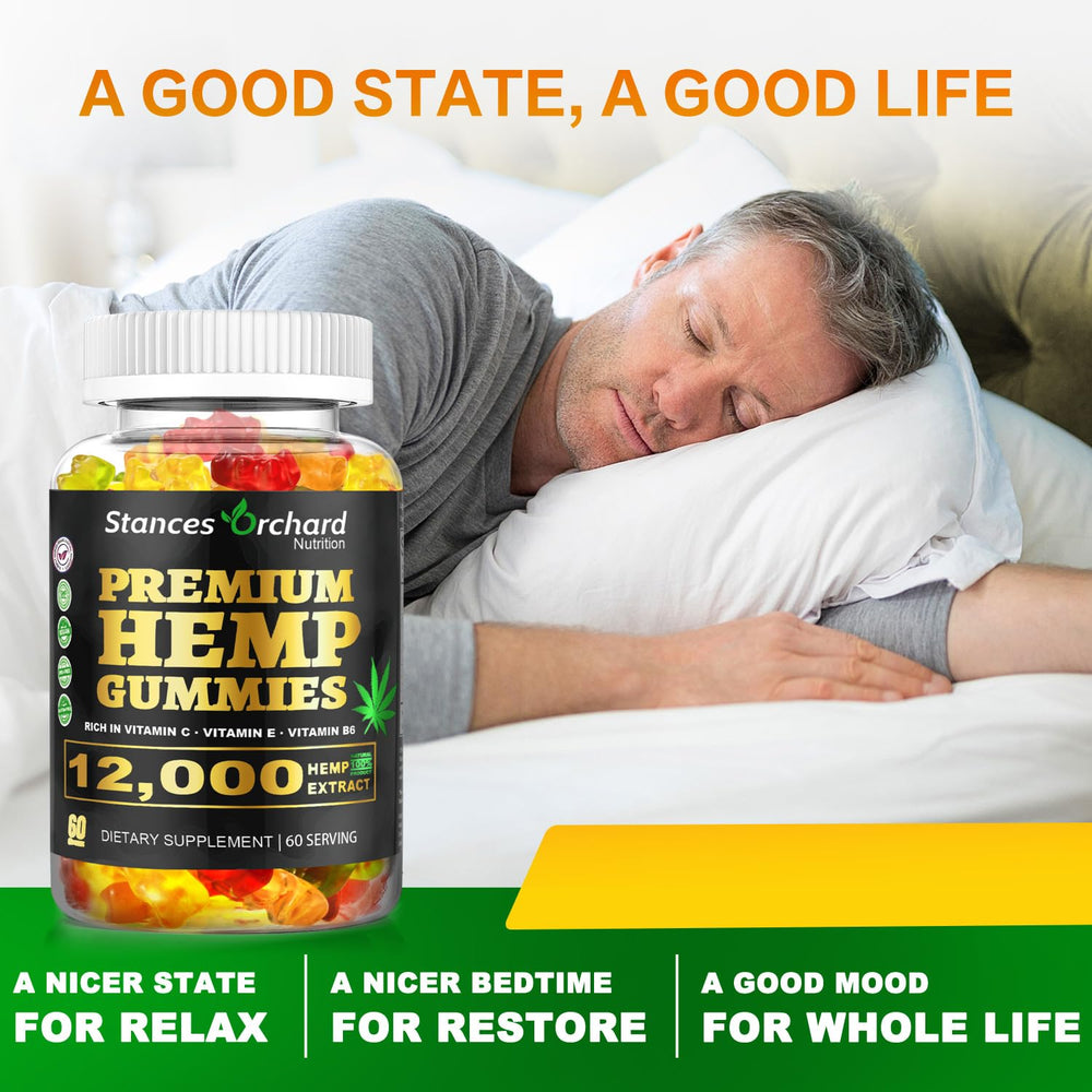 Stances Orchard hemp gummies serving scene suggests convenient on-the-go stress relief.