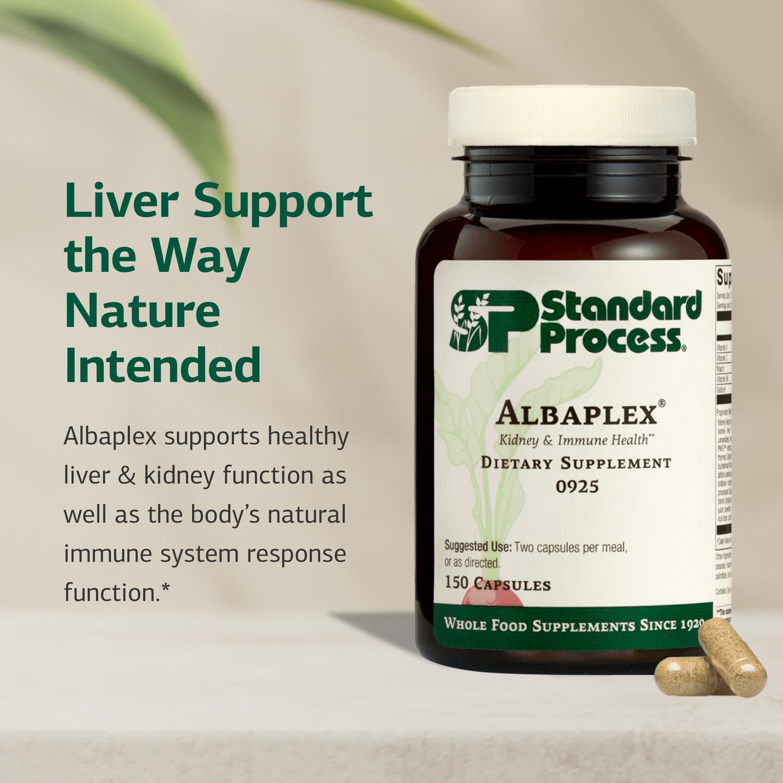 Albaplex capsules close-up highlights compact capsules for convenient daily intake.