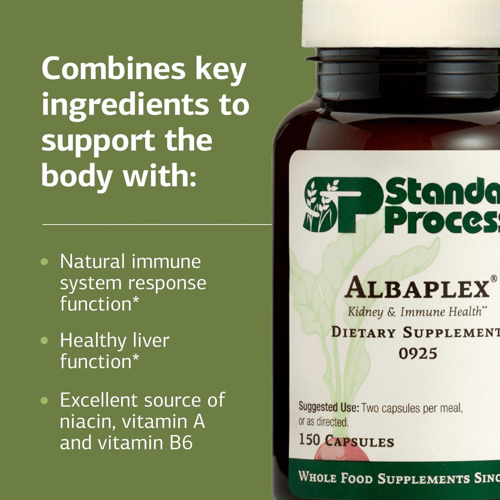 Albaplex packaging in kitchen setting suggests everyday dietary supplementation.