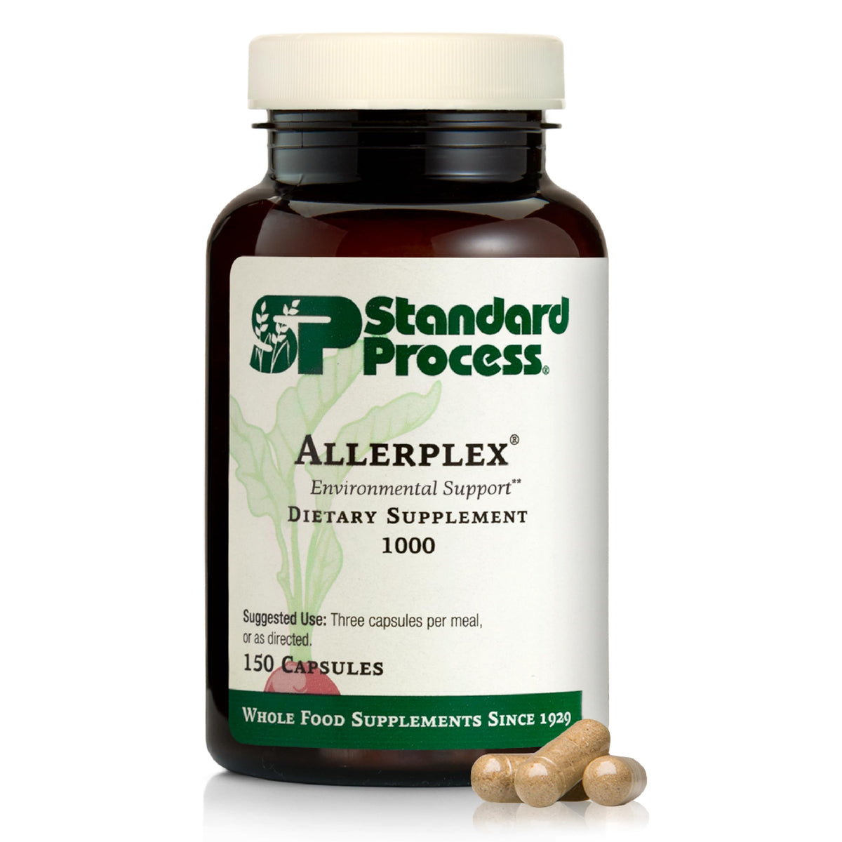 Standard Process Allerplex bottle front shows natural support for mucous membranes