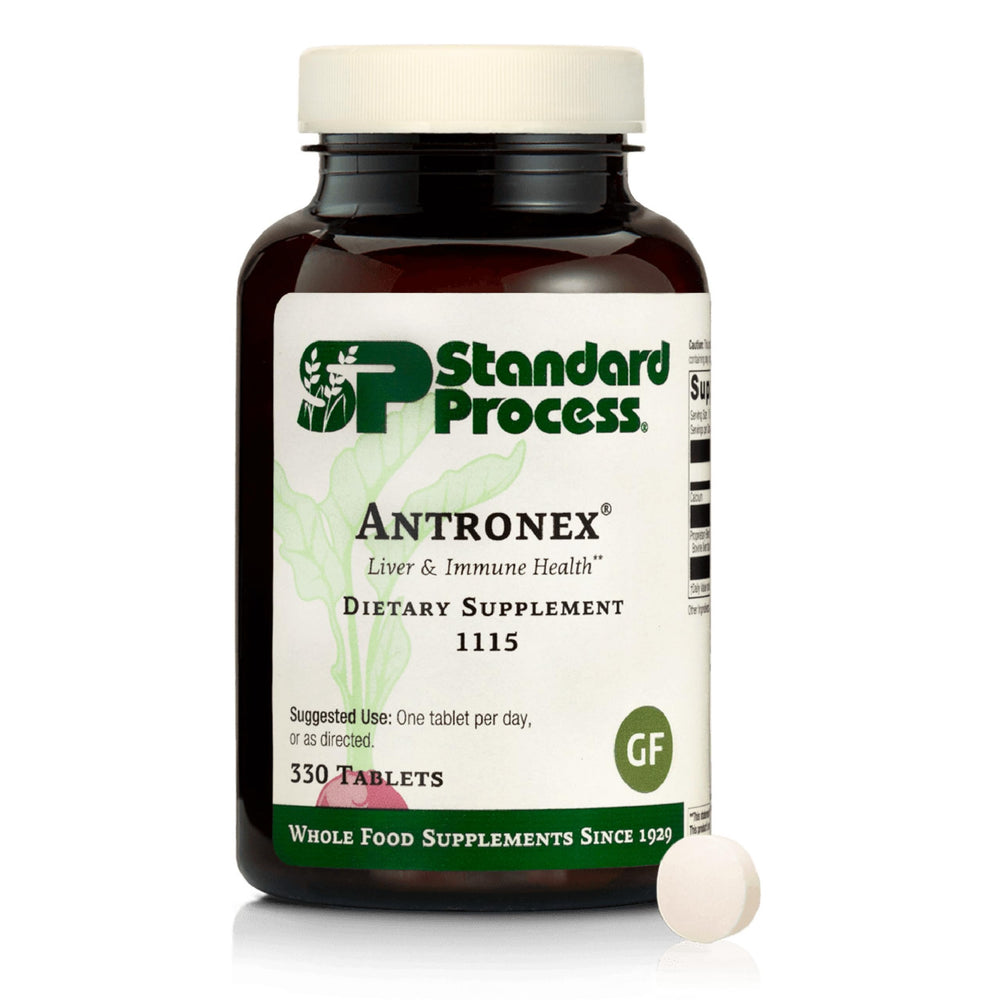 Standard Process Antronex bottle pour shows convenient gluten-free liver support.