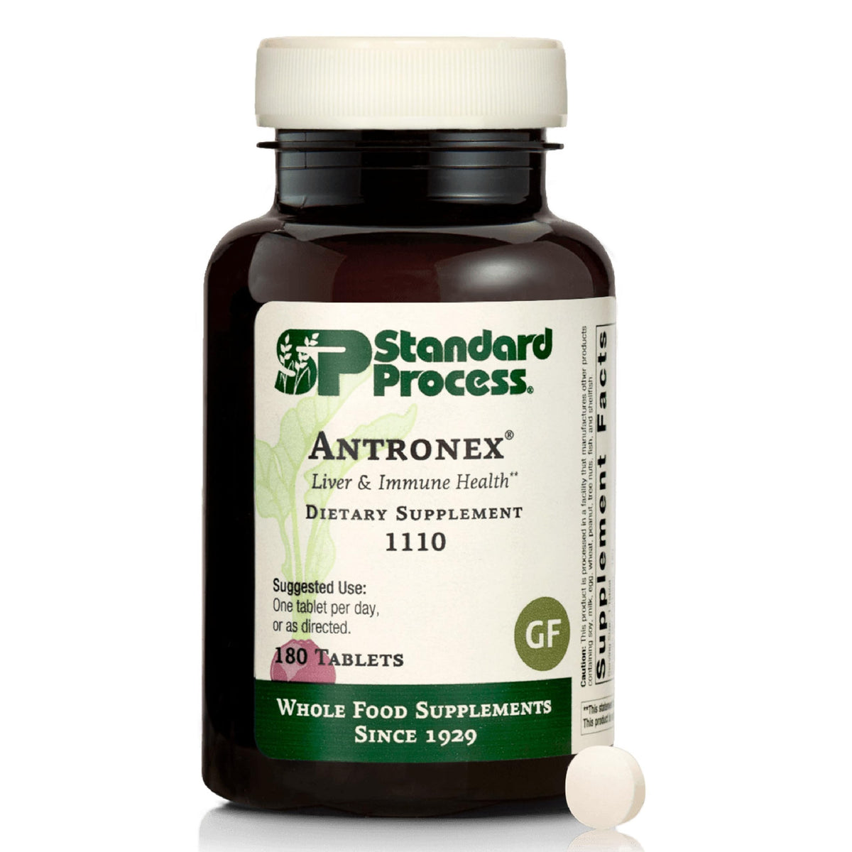 Standard Process Antronex liver health bottle front showing gluten-free formula and branding.